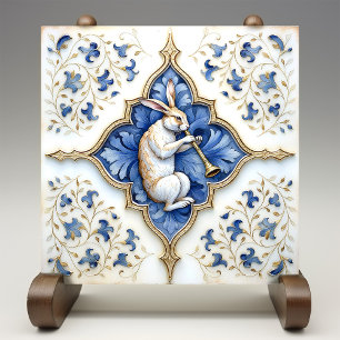 Azulejo De Cerâmica Azul Branco Dourado Lebre Trabalho de Rolo Medieva