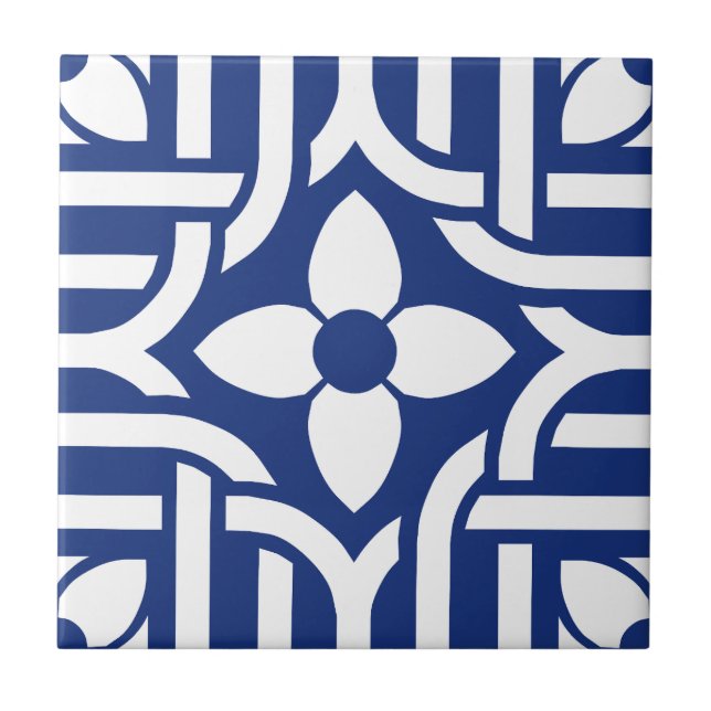 Azulejo De Cerâmica Azul Chic Floral & Branco (Frente)