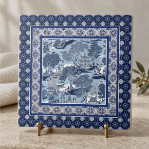 Azulejo De Cerâmica Azul Chic toile de monograma chinês de salgueiro b