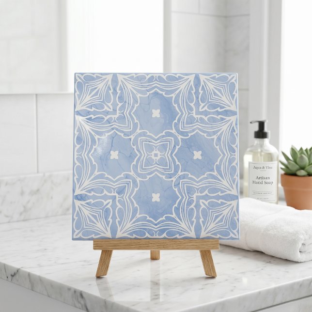 Azulejo De Cerâmica Azul Claro Branco Padrão de Mármore Falso Marroqui (Criador carregado)