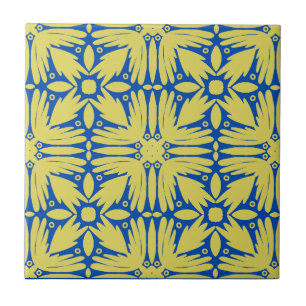 Azulejo De Cerâmica Azul Cobalto e Floral Amarelo