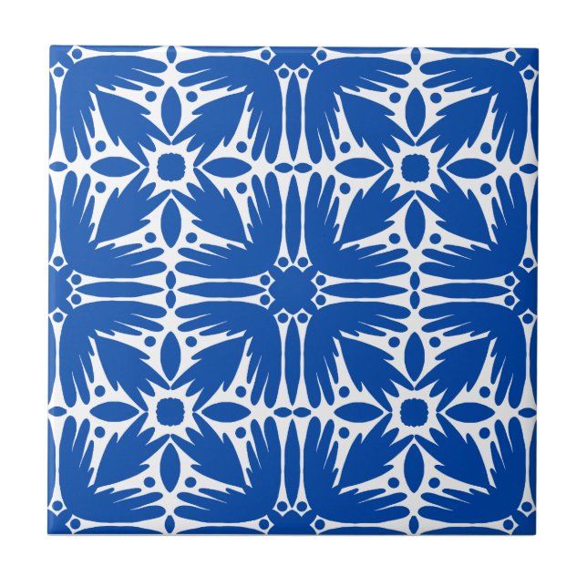 Azulejo De Cerâmica Azul Cobalto e Floral Branco (Frente)