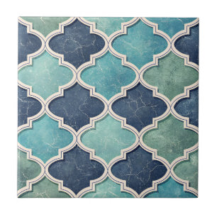 Azulejo De Cerâmica Azul Cobalto e Turquesa Quatrefoil - Mosaico Medit