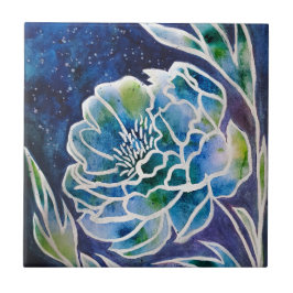 Azulejo De Cerâmica Azul Dahlia Marinho Teal Celestial Floral