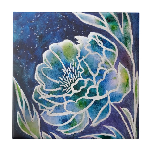 Azulejo De Cerâmica Azul Dahlia Marinho Teal Celestial Floral (Frente)