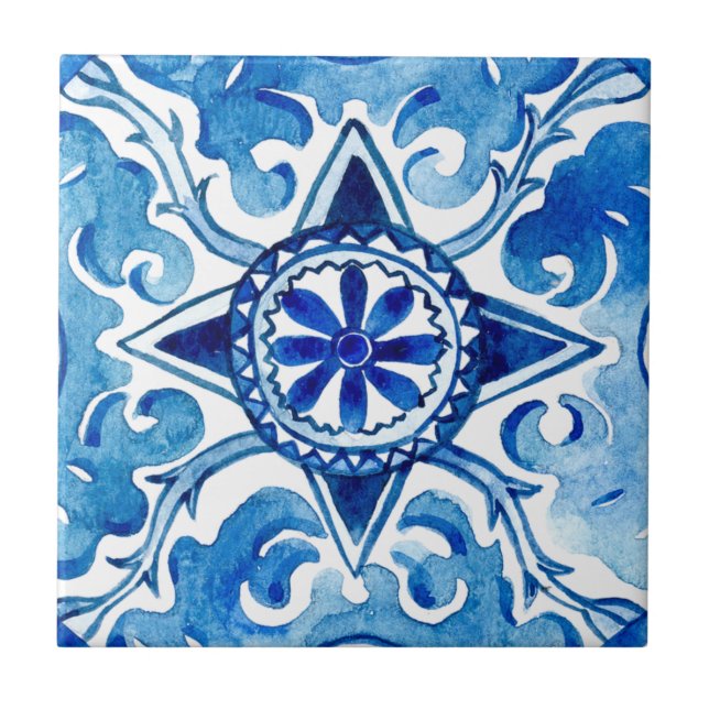 Azulejo de cerâmica azul de estilo pintado pela mã (Frente)