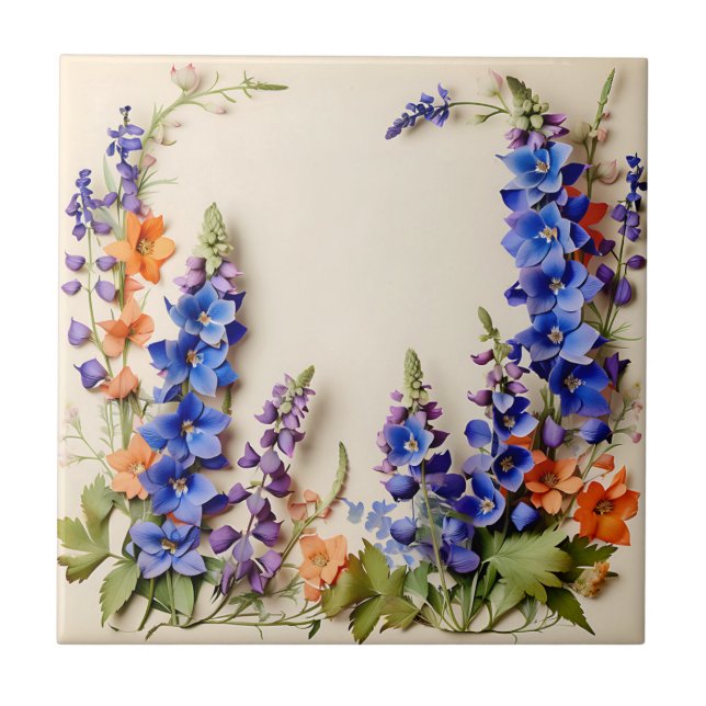 Azulejo De Cerâmica Azul Delfinium Floral (Frente)