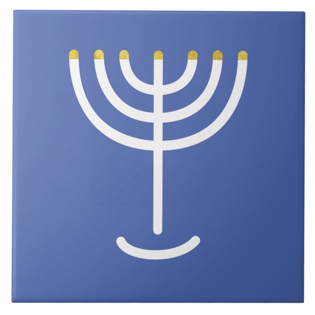 Azulejo De Cerâmica Azul Dourado branco Menorah (Frente)
