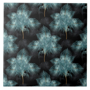 Azulejo De Cerâmica Azul-Dourado-metálico tropical e folhas de palma