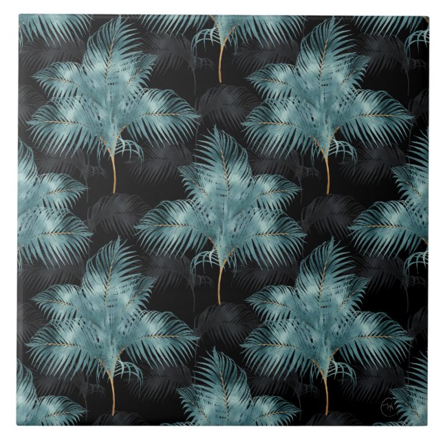 Azulejo De Cerâmica Azul-Dourado-metálico tropical e folhas de palma n (Frente)