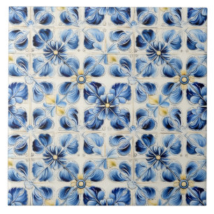 Azulejo De Cerâmica Azul e Amarelo Bonito Floral Vintage