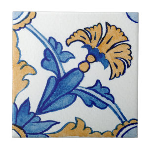 Azulejo De Cerâmica Azul e Amarelo Floral Mediterrânica
