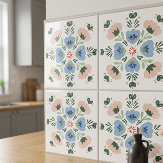 Azulejo De Cerâmica Azul e Bege Floral Arte Popular Decoração Cerâmica