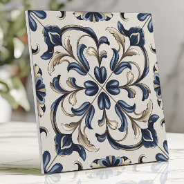 Azulejo De Cerâmica Azul e Bege Floral Scroll Vintage 