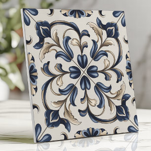 Azulejo De Cerâmica Azul e Bege Floral Scroll Vintage