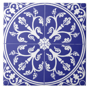 Azulejo De Cerâmica Azul e Branco Abstrato Botânico Círculo Vintage