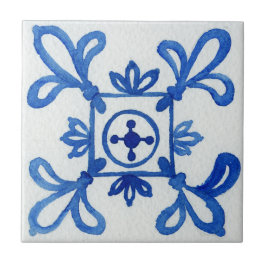 Azulejo De Cerâmica Azul e branco, com padrão de aquarela mediterrânic