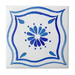 Azulejo De Cerâmica Azul e branco, com padrão de aquarela mediterrânic