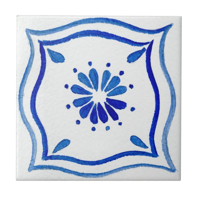 Azulejo De Cerâmica Azul e branco, com padrão de aquarela mediterrânic (Frente)