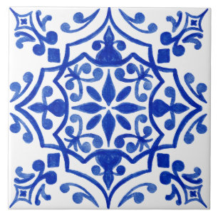 Azulejo De Cerâmica Azul e branco, com padrão de aquarela mediterrânic