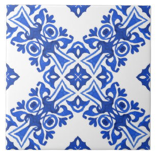 Azulejo De Cerâmica Azul e Branco com Padrão Mediterrâneo