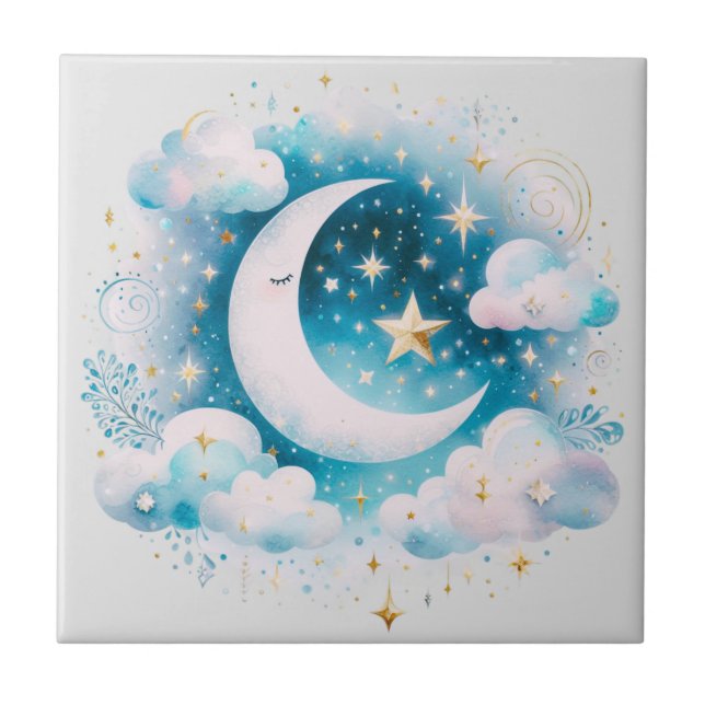 Azulejo De Cerâmica Azul e Crescente Branco Lua Celestial Boho Moderno (Frente)