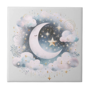 Azulejo De Cerâmica Azul e Crescente Branco Lua Celestial Boho Moderno