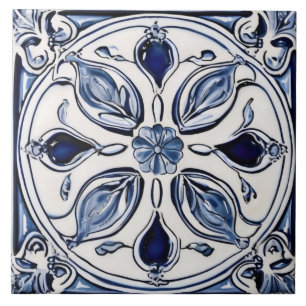 Azulejo De Cerâmica Azul e Flor Branca Deixa Arte Folclórica Simétrica
