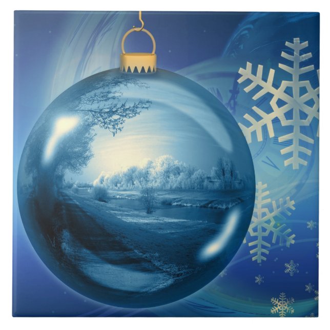 Azulejo De Cerâmica Azul e ornamento do floco de neve do White (Frente)