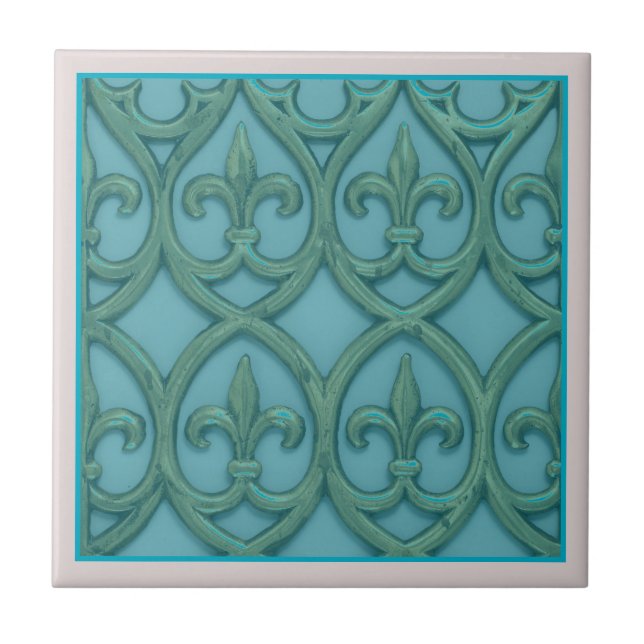 Azulejo De Cerâmica Azul E Verde Fleur-de-lis (Frente)