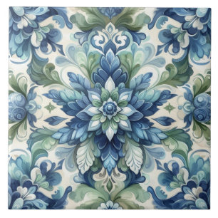 Azulejo De Cerâmica Azul Elegante e Ornamento Floral Verde Floreado