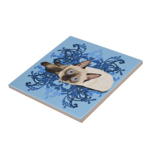 Azulejo De Cerâmica Azul Elegante Floral Siamês Gato Bonito Felino