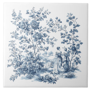 Azulejo De Cerâmica Azul Elegante Toile Floral Design Vintage