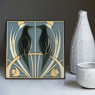 Azulejo De Cerâmica Azul Empoeirado Vintage Pássaros Mackintosh Arte D