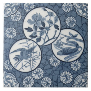 Azulejo De Cerâmica Azul Estético Japonês Crane Fish Floral Repro