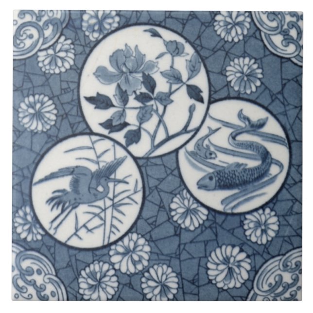 Azulejo De Cerâmica Azul Estético Japonês Crane Fish Floral Repro (Frente)