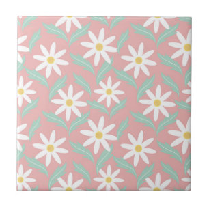 Azulejo De Cerâmica Azul Flor Floral Pêssego Chamomila Retro dos Anos