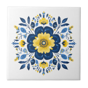 Azulejo De Cerâmica Azul Floral & Amarelo