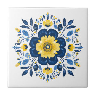 Azulejo De Cerâmica Azul Floral & Amarelo