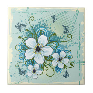 Azulejo De Cerâmica Azul Floral de Verão & Borboletas