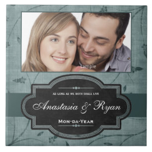 Azulejo De Cerâmica Azul Floral Personalizado Foto de Casamento
