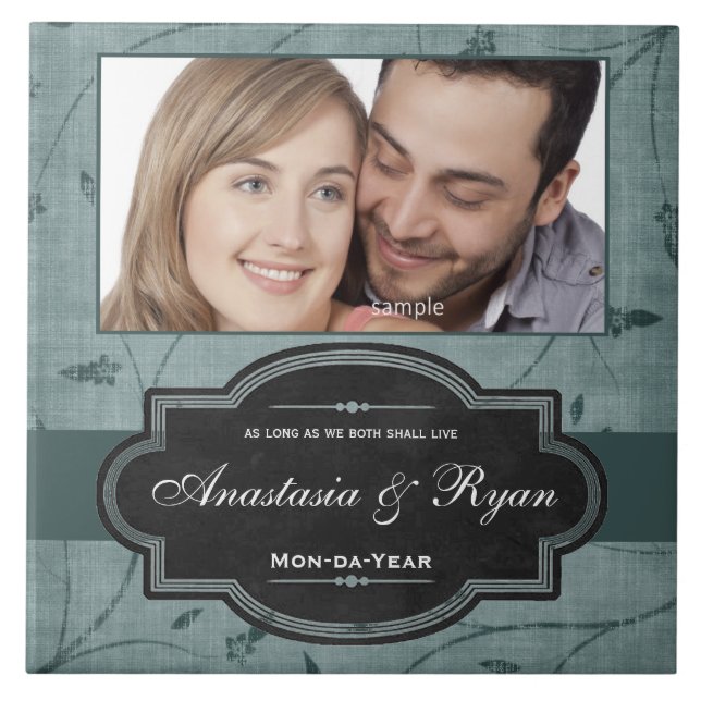 Azulejo De Cerâmica Azul Floral Personalizado Foto de Casamento (Frente)
