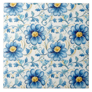 Azulejo De Cerâmica Azul Floral Vintage Elegante