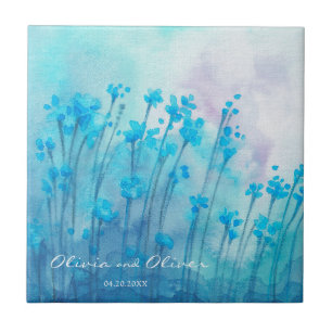 Azulejo De Cerâmica Azul-Flores