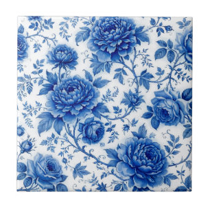 Azulejo De Cerâmica Azul Fluido Flores Rosas Peônias Azul Cobalto Bran