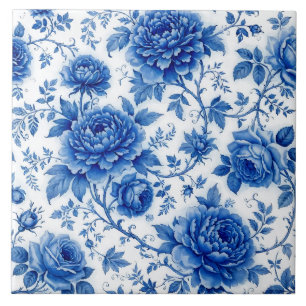 Azulejo De Cerâmica Azul Fluido Flores Rosas Peônias Azul Cobalto Bran