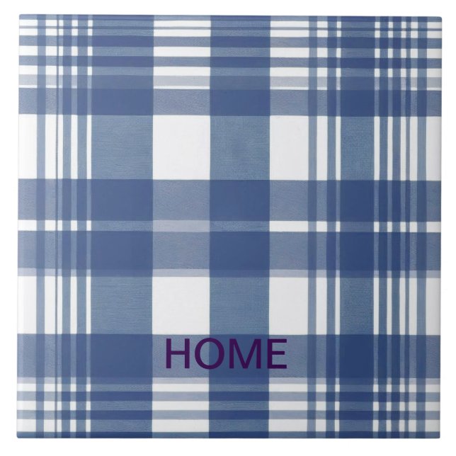 Azulejo De Cerâmica Azul-gingham e branco (Frente)