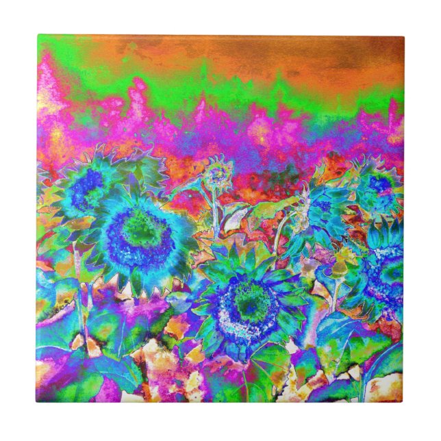 Azulejo De Cerâmica Azul Girassóis cor-de-rosa púrpura retro-funky flo (Frente)