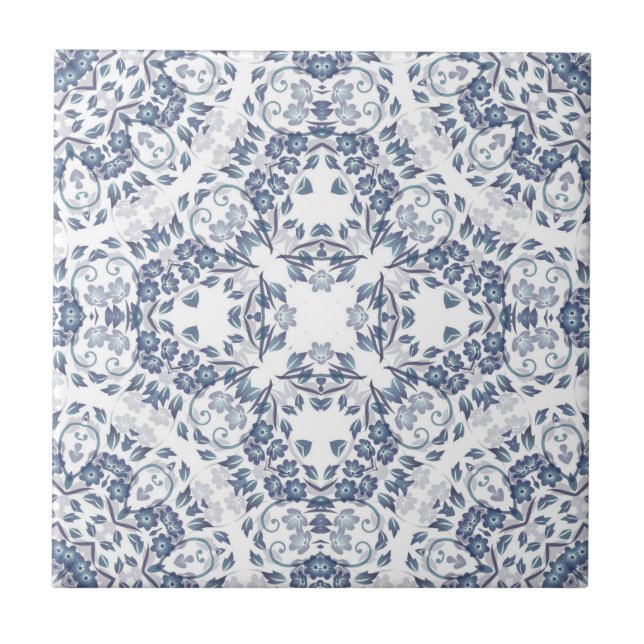 Azulejo De Cerâmica Azul Grayish White Floral Mandala (Frente)