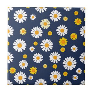 Azulejo De Cerâmica Azul Marinho Amarelo Floral Simples Padrão Retro
